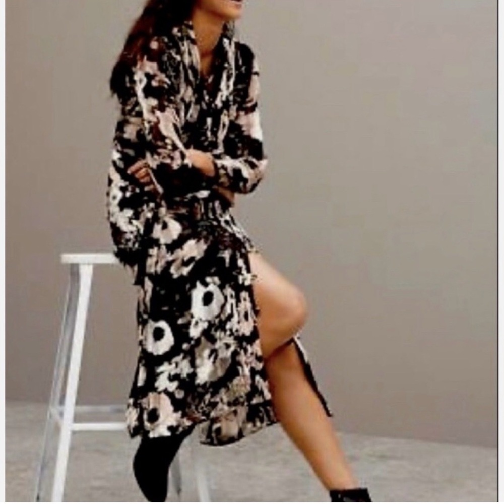 Banana Republic Black Floral Tie Neck Shirt Dress Size Large